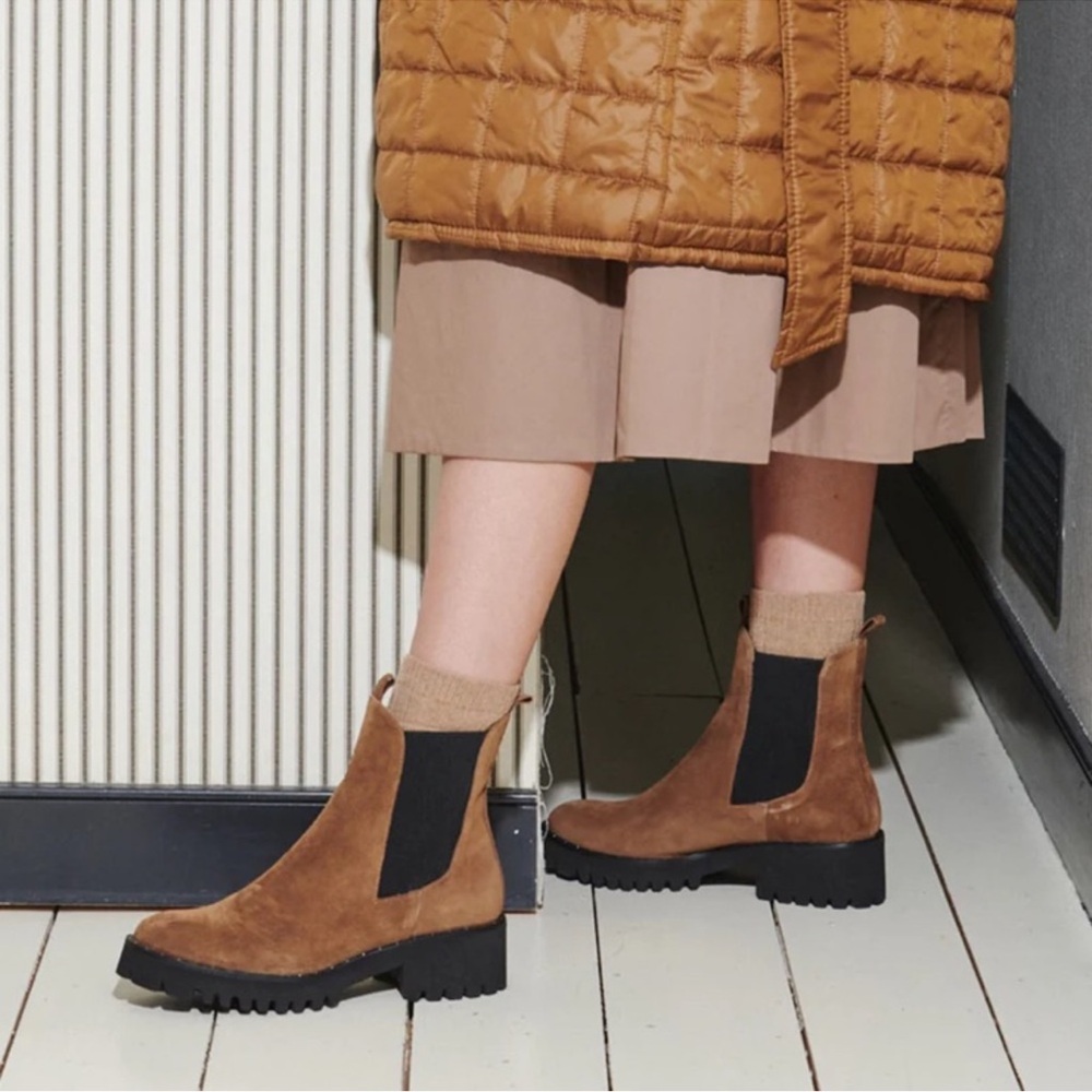 Freda Salvador Tan Suede Chelsea Lug Booties